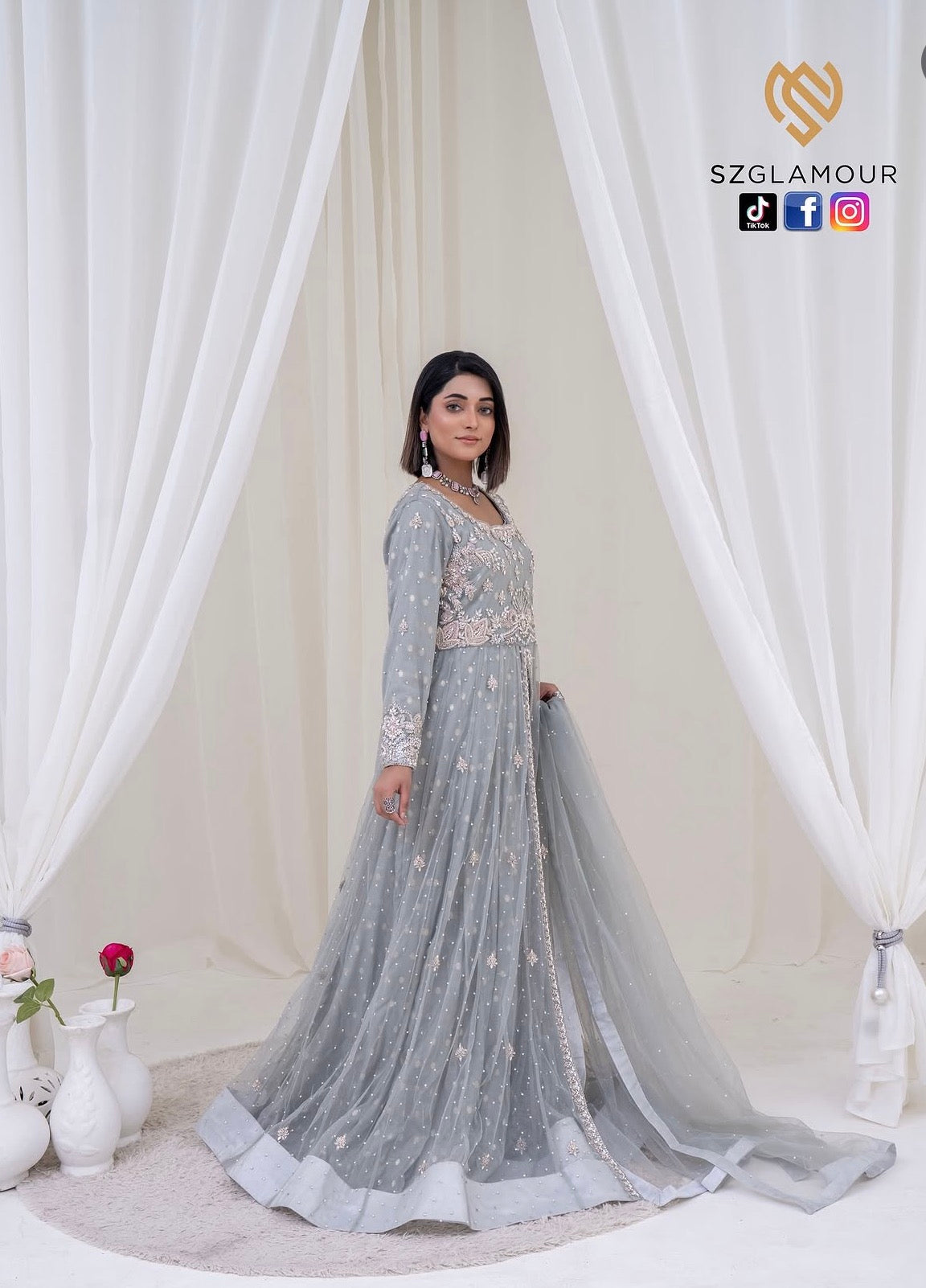 Soft grey net, intricate silver embellishments