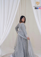 Soft grey net, intricate silver embellishments