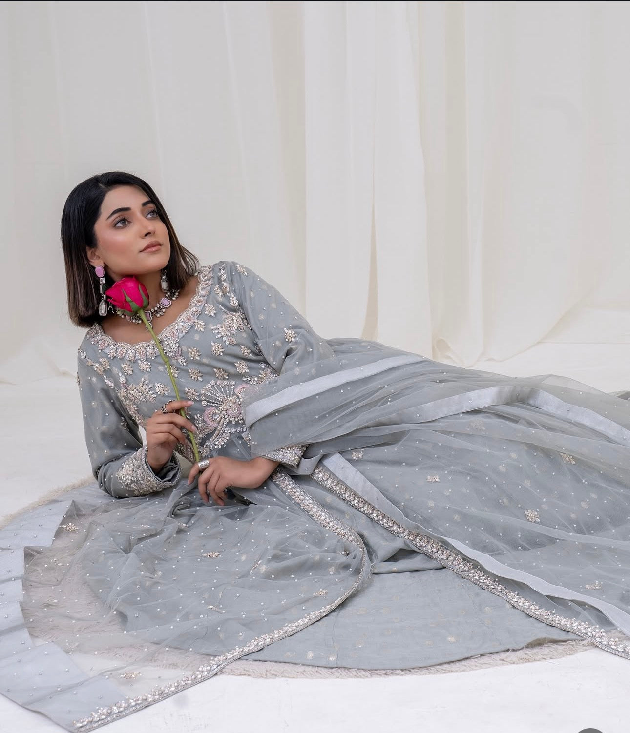 Soft grey net, intricate silver embellishments