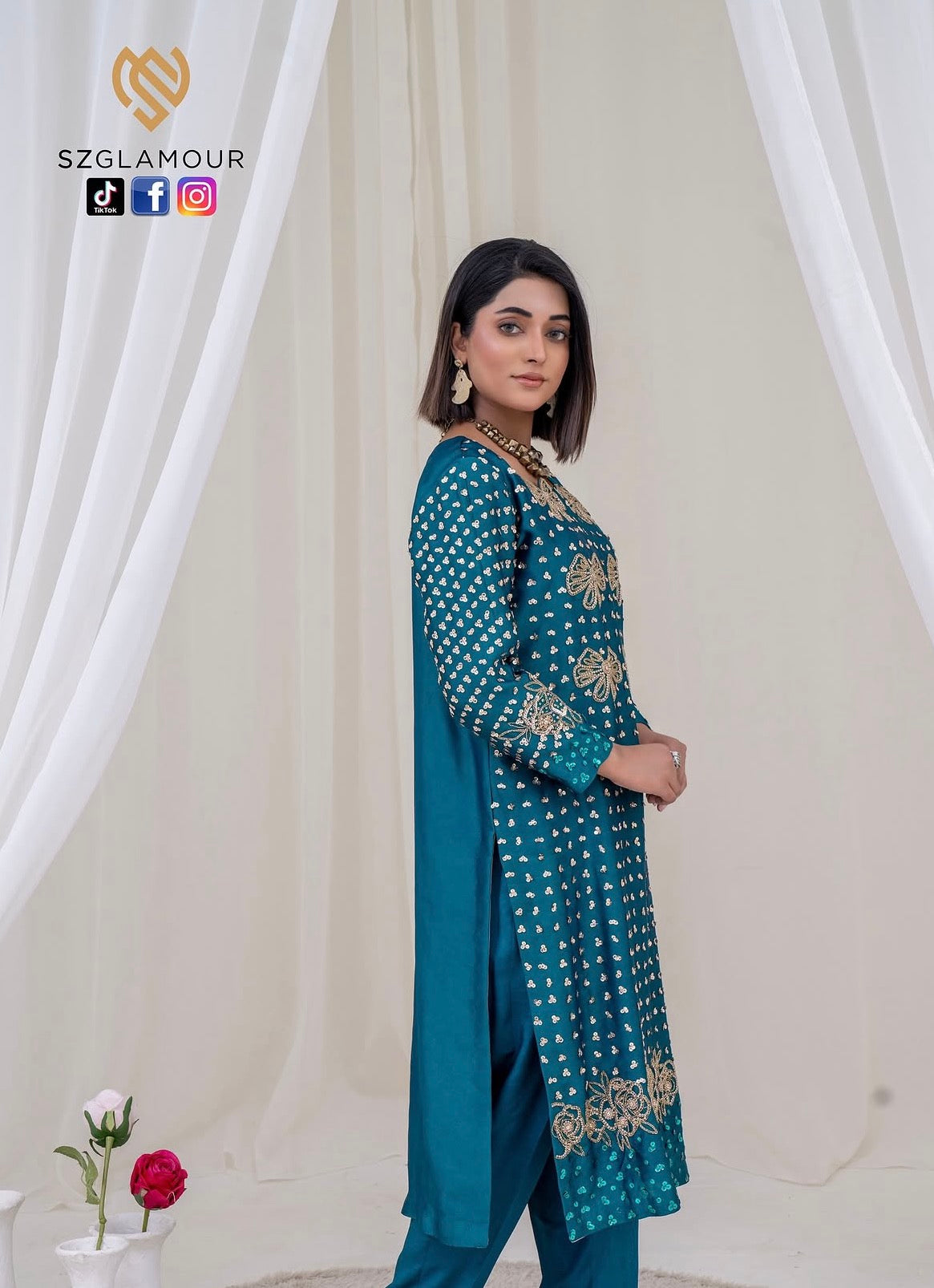 Teal raw silk elegance